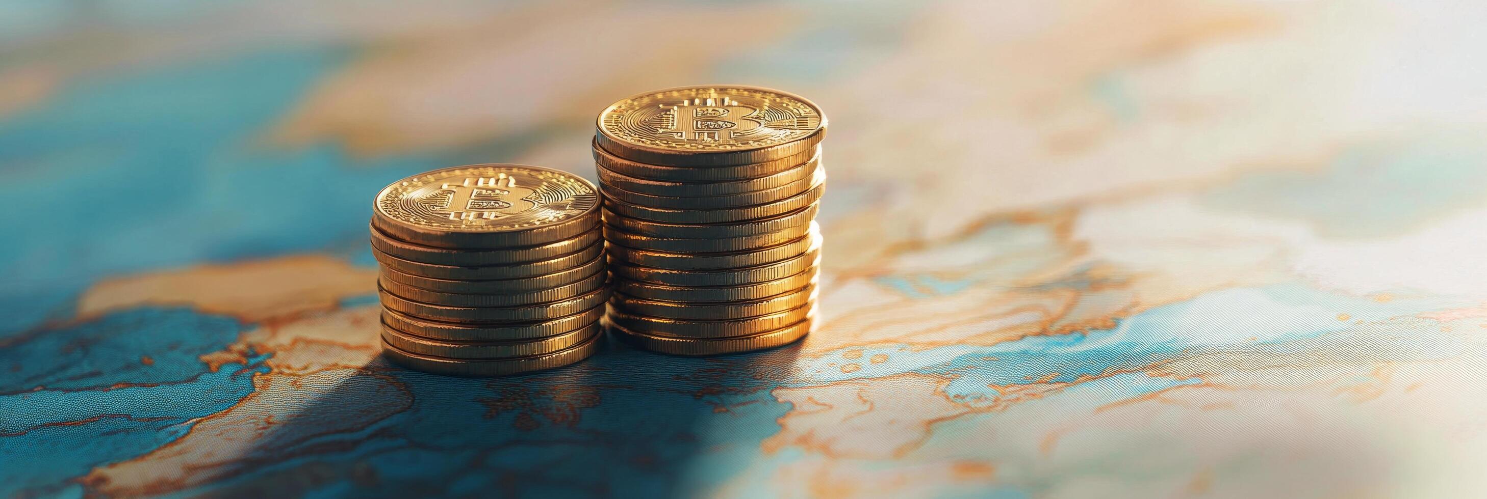 Stacks of coins positioned on a vibrant world map representing global finance concepts photo