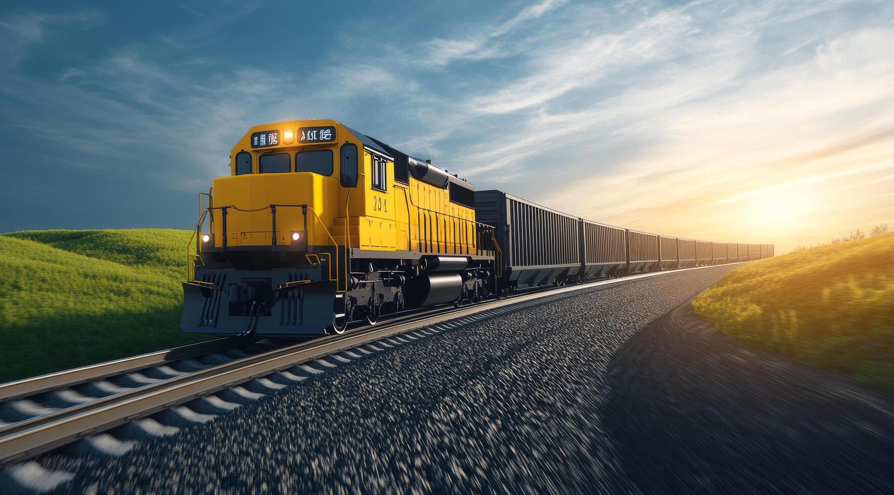 Train travels along a scenic route with clouds and sunlight creating a beautiful landscape photo