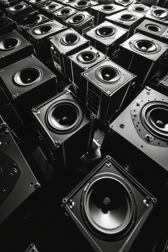 Collection of black speakers arranged in a geometric pattern on a neutral background photo