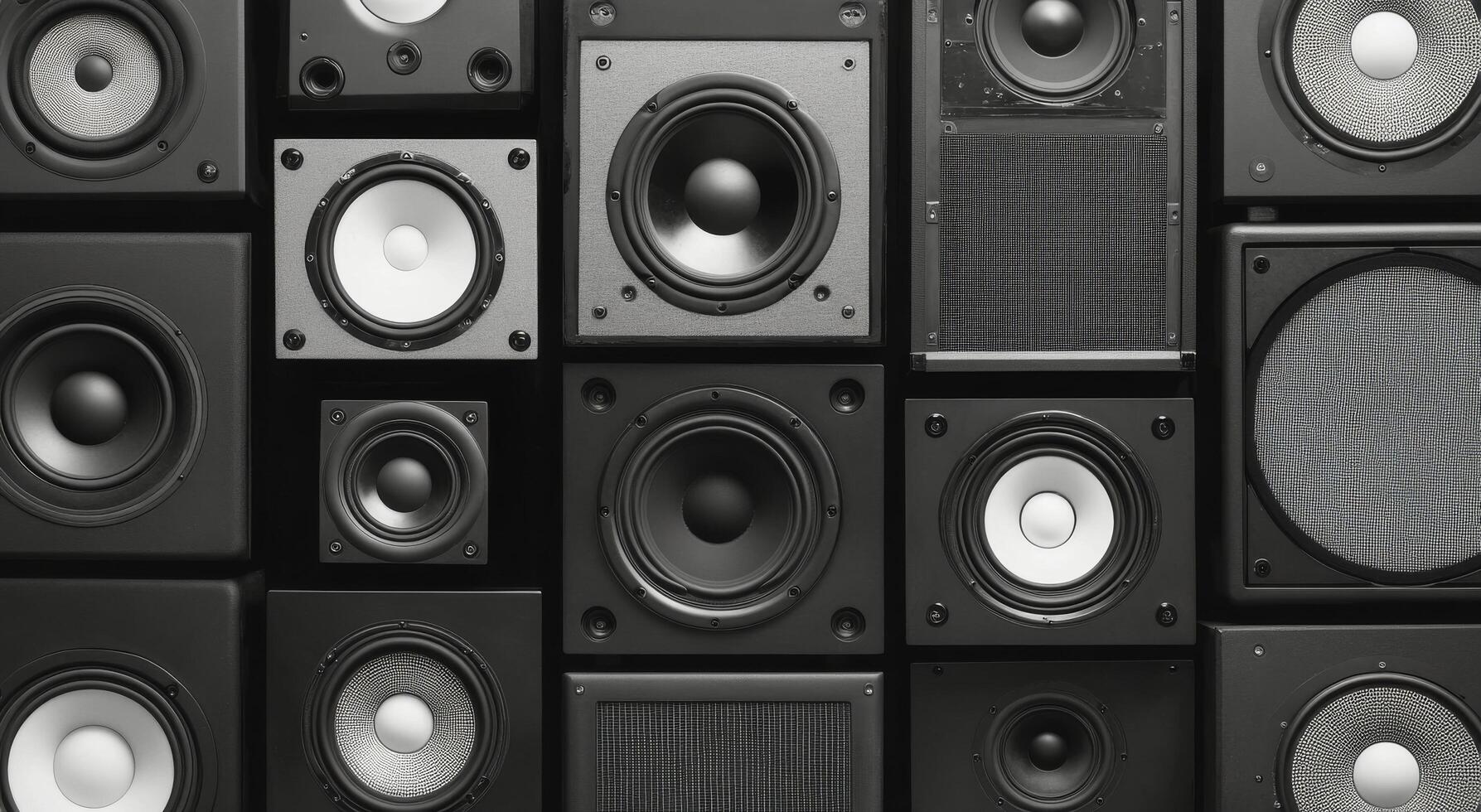 Array of black speakers showcasing different sizes and designs in a modern setting photo