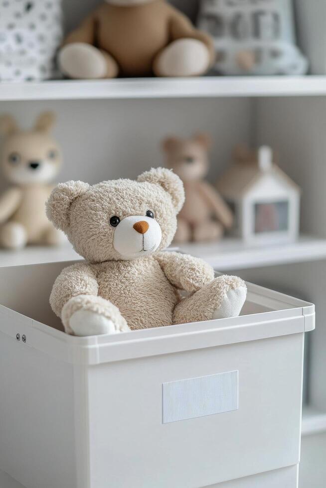 Soft bear resting in a storage box in a cozy childs room photo