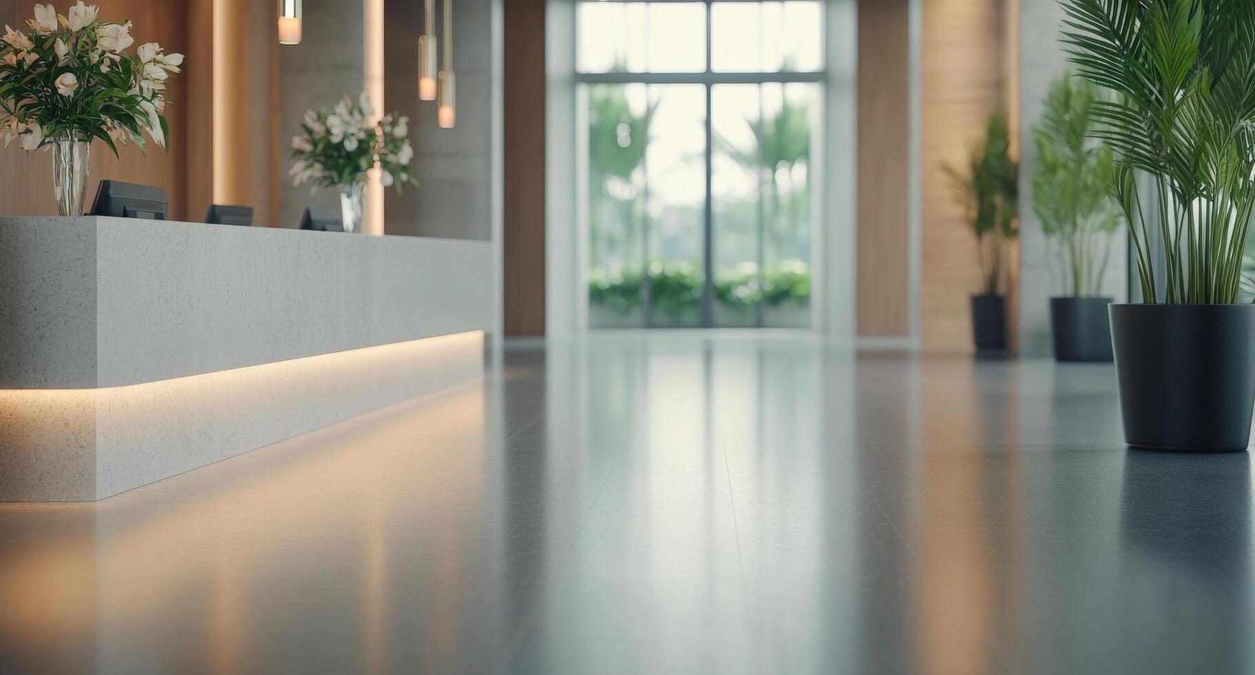 Modern reception area with minimalistic design and lush greenery in bright interior space photo
