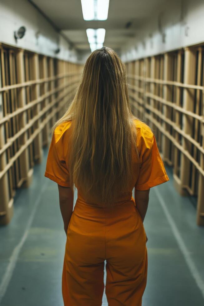 Woman in orange jumpsuit stands in empty prison corridor at dusk photo