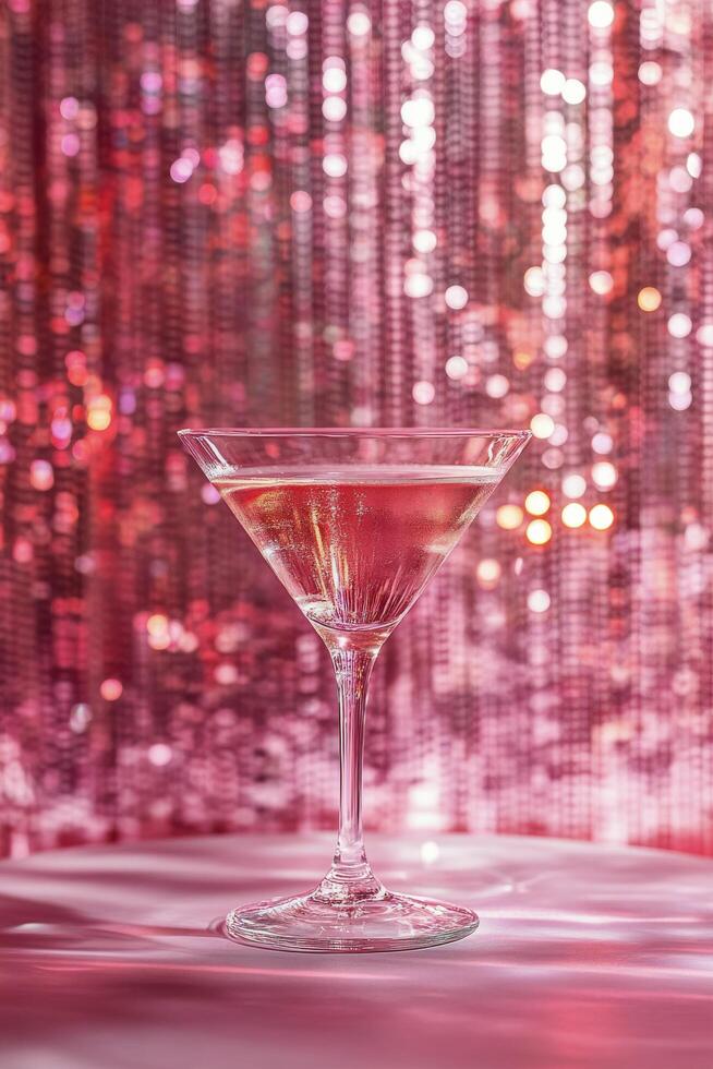 Sparkling cocktail on a decorative table with shimmering pink background at a festive gathering photo
