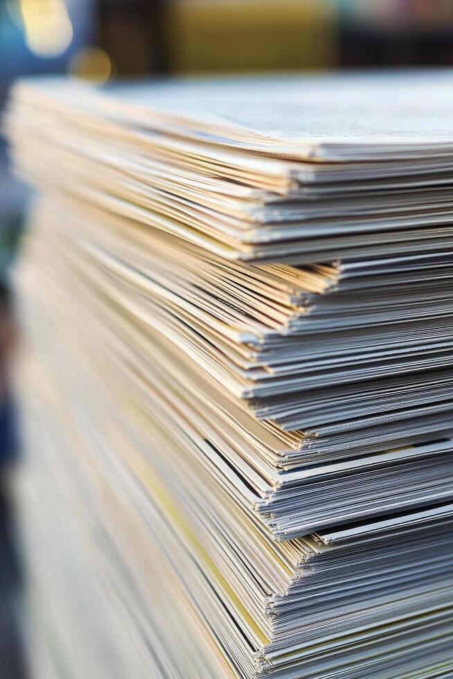 Close up view of stacked white paper sheets in an office workspace during daylight hours photo