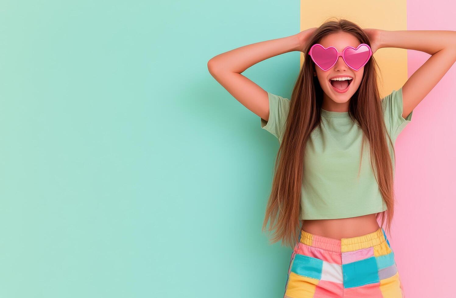 Young girl enjoying playtime with heart shaped sunglasses in a colorful setting photo