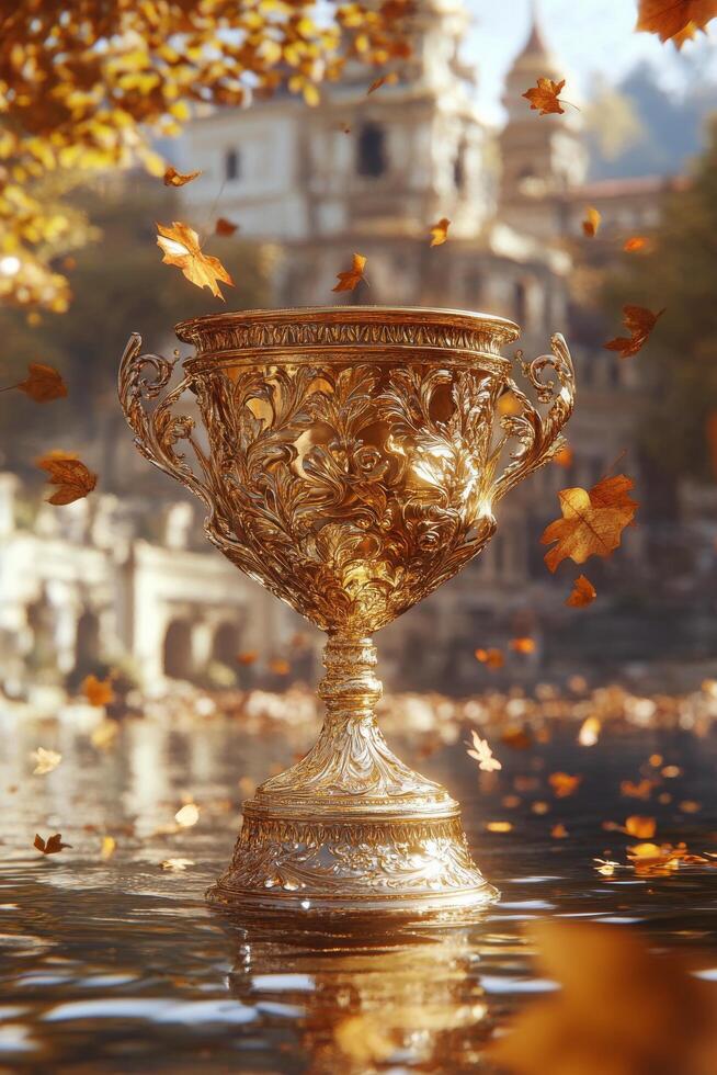 Golden trophy resting on water during autumn with falling leaves photo