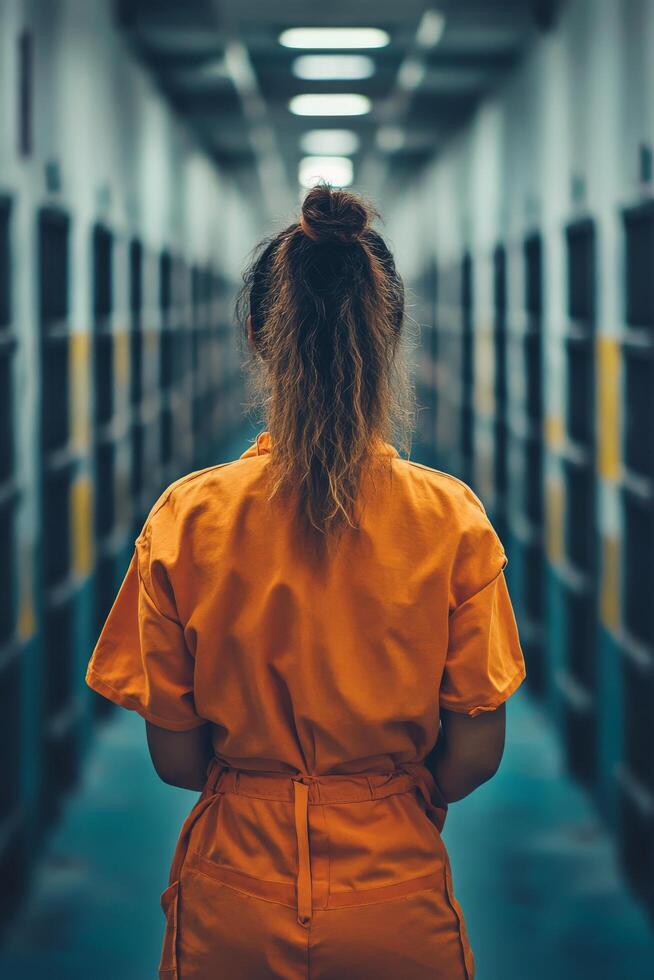 Woman in orange jumpsuit stands in empty prison corridor at dusk photo