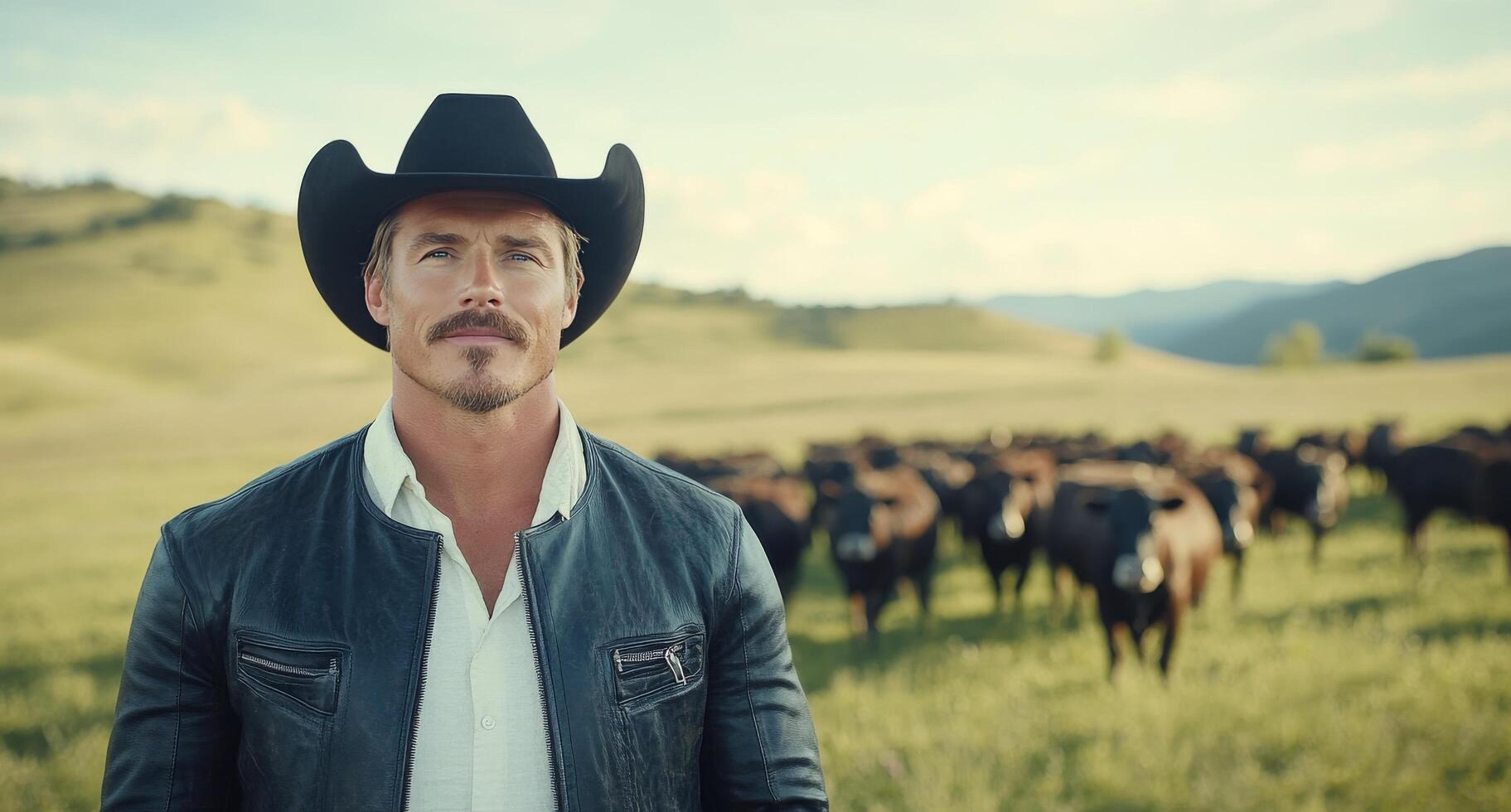 Cowboy on a ranch with cattle in the countryside during golden hour photo