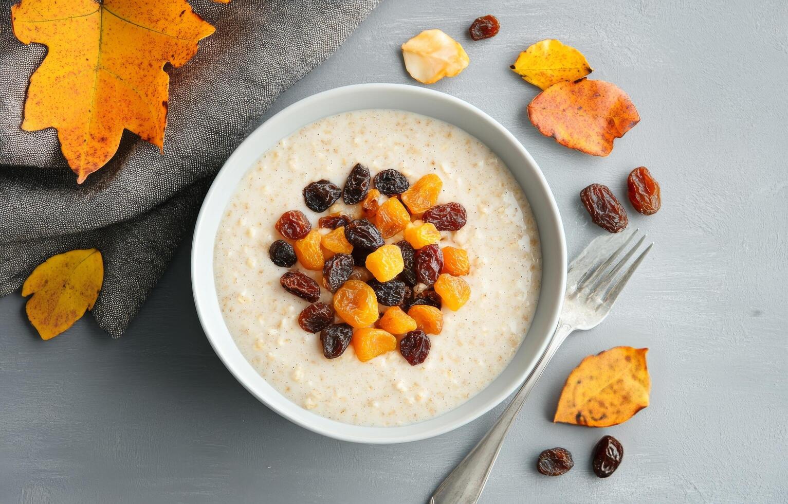 Healthy breakfast bowl with oatmeal and mixed dried fruits on gray background photo