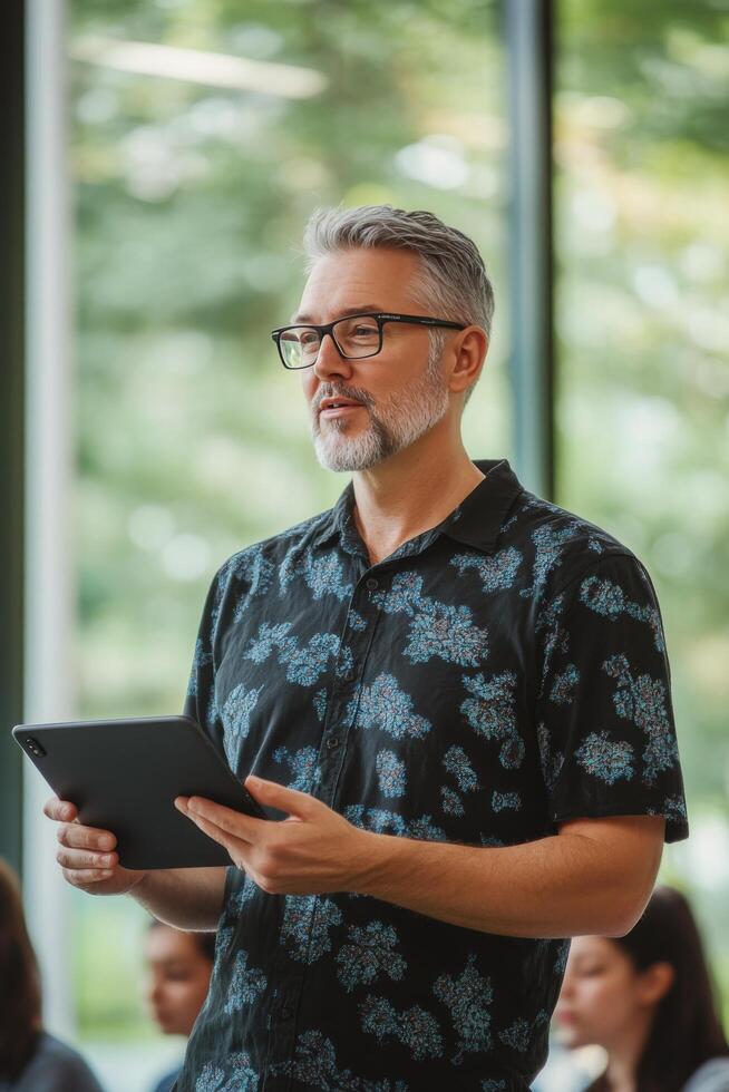Professional presenting information during a business meeting at a modern office photo