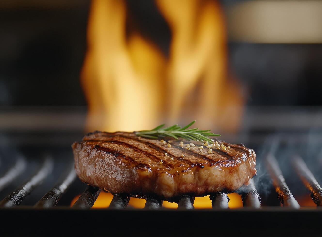 Grilled steak with rosemary garnishing over open flame in a kitchen setting photo