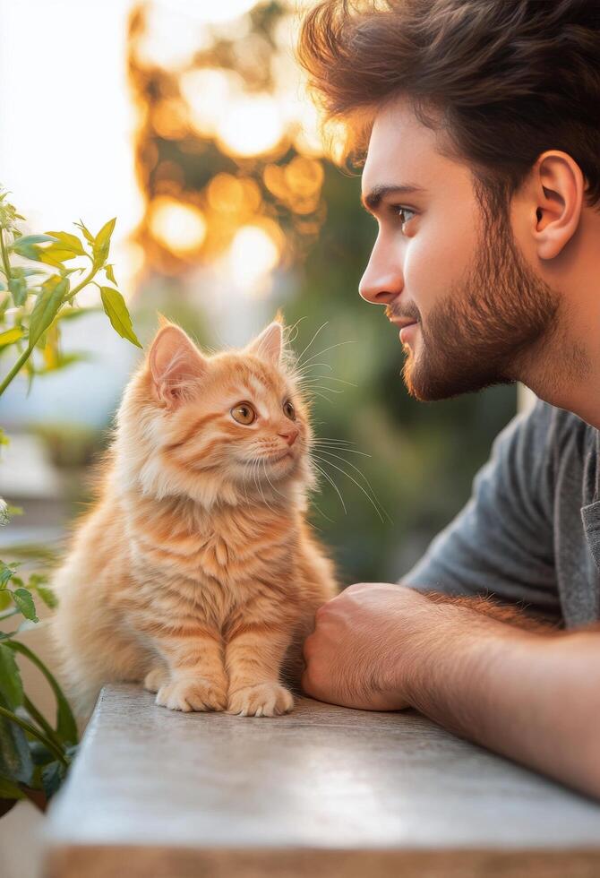 Man preparing fresh salad outdoors with a cat nearby in a garden setting photo