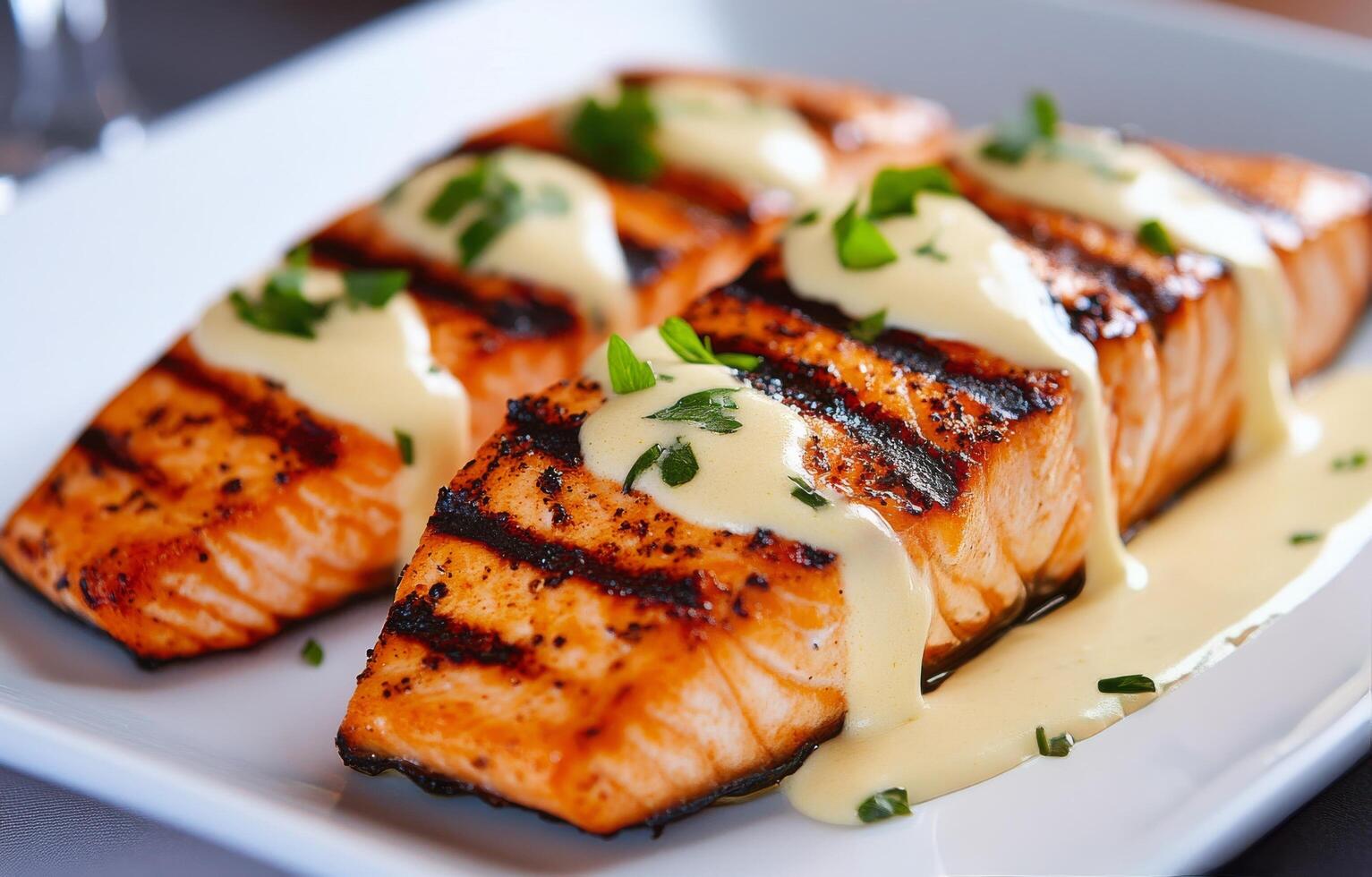 Grilled salmon filet served with creamy sauce and fresh herbs on a white plate photo