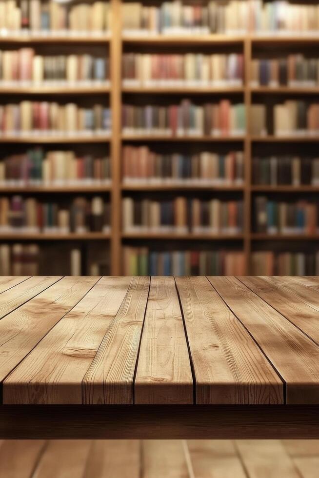 Warm wooden table in a quiet library with shelves full of books at evening time photo