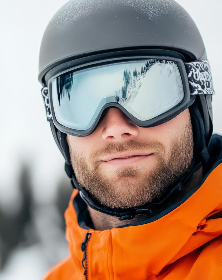 Male skier with goggles and helmet enjoying winter sport in snowy mountain landscape photo
