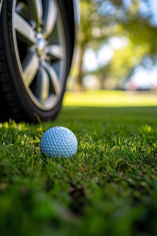 Golf ball resting on grass near vehicle tire in sunny outdoor setting photo