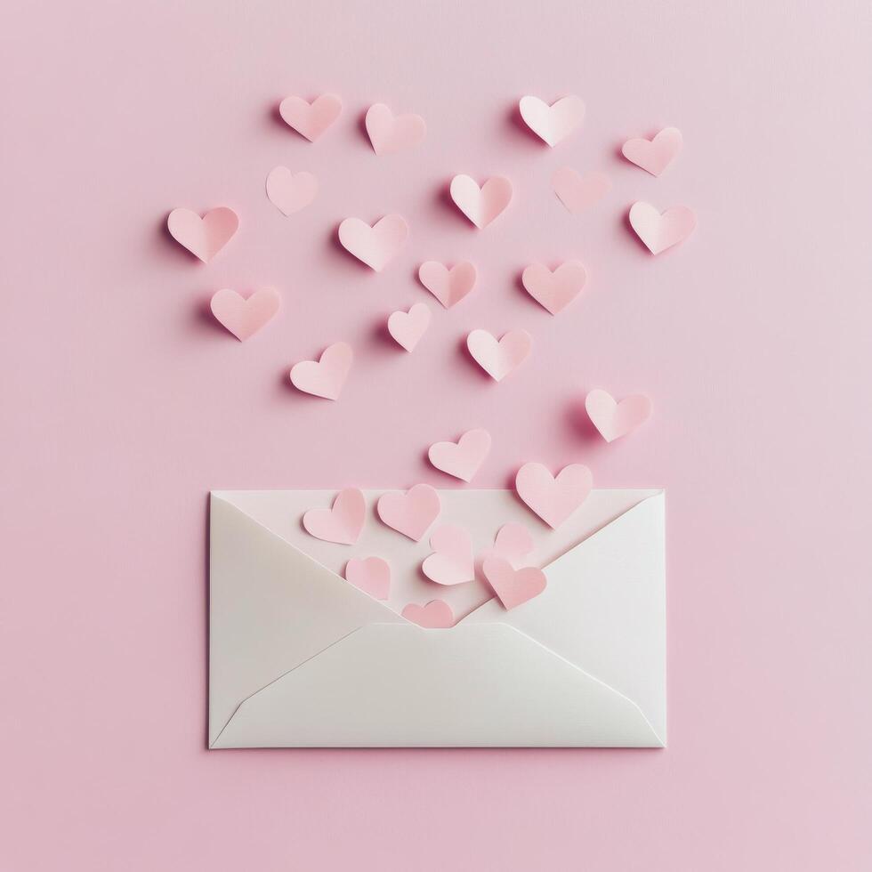 Hearts flying out of an envelope on a pink background in a creative celebration of love photo