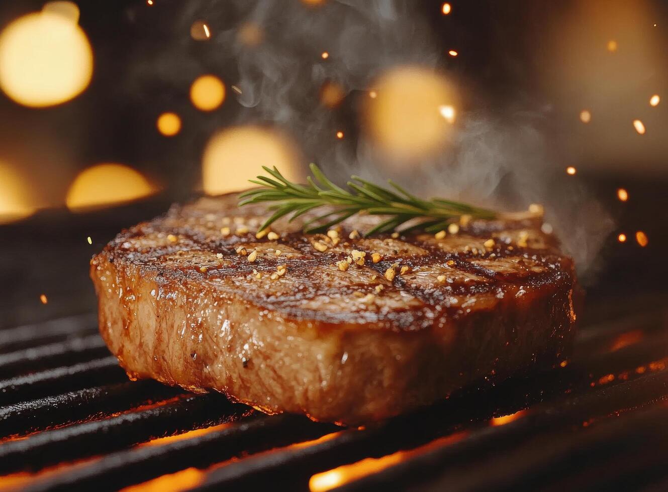 Grilled steak with rosemary garnishing over open flame in a kitchen setting photo