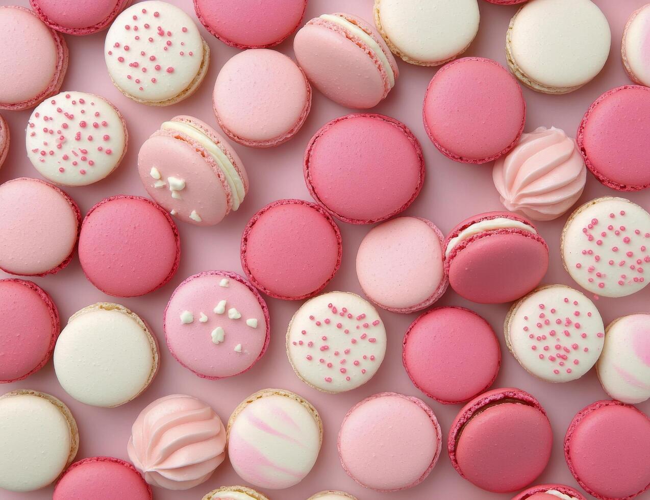 Colorful assortment of pink macarons displayed on a pastel background photo