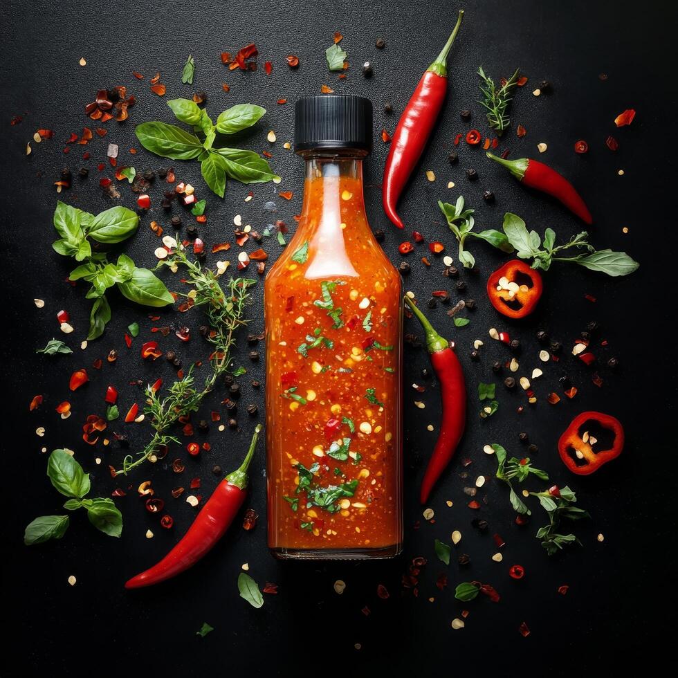 Spicy sauce bottle surrounded by fresh herbs and chili peppers on a dark background photo