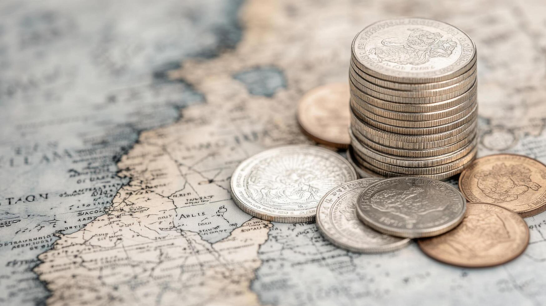 Currency coins stacked on a world map highlighting economic significance photo