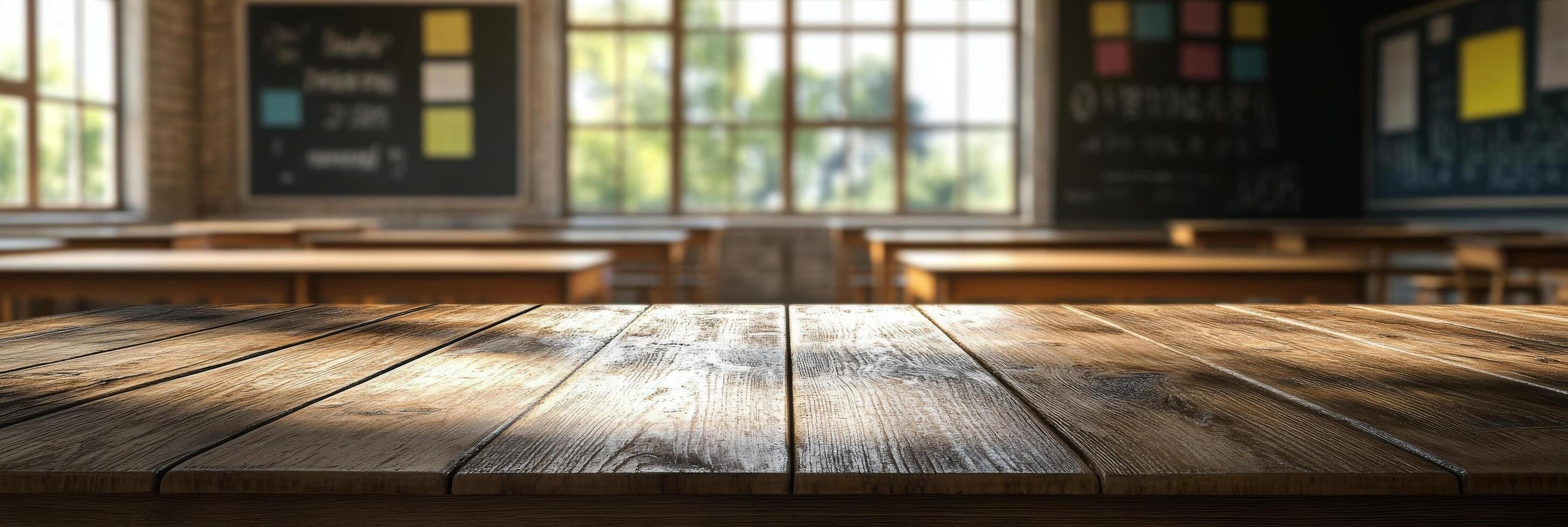 Classroom interior with wooden desks and sunlight streaming through windows in the morning photo