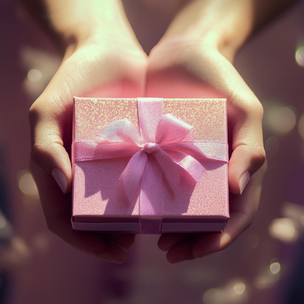 Delicate hands presenting a small pink gift box tied with a ribbon in soft lighting photo