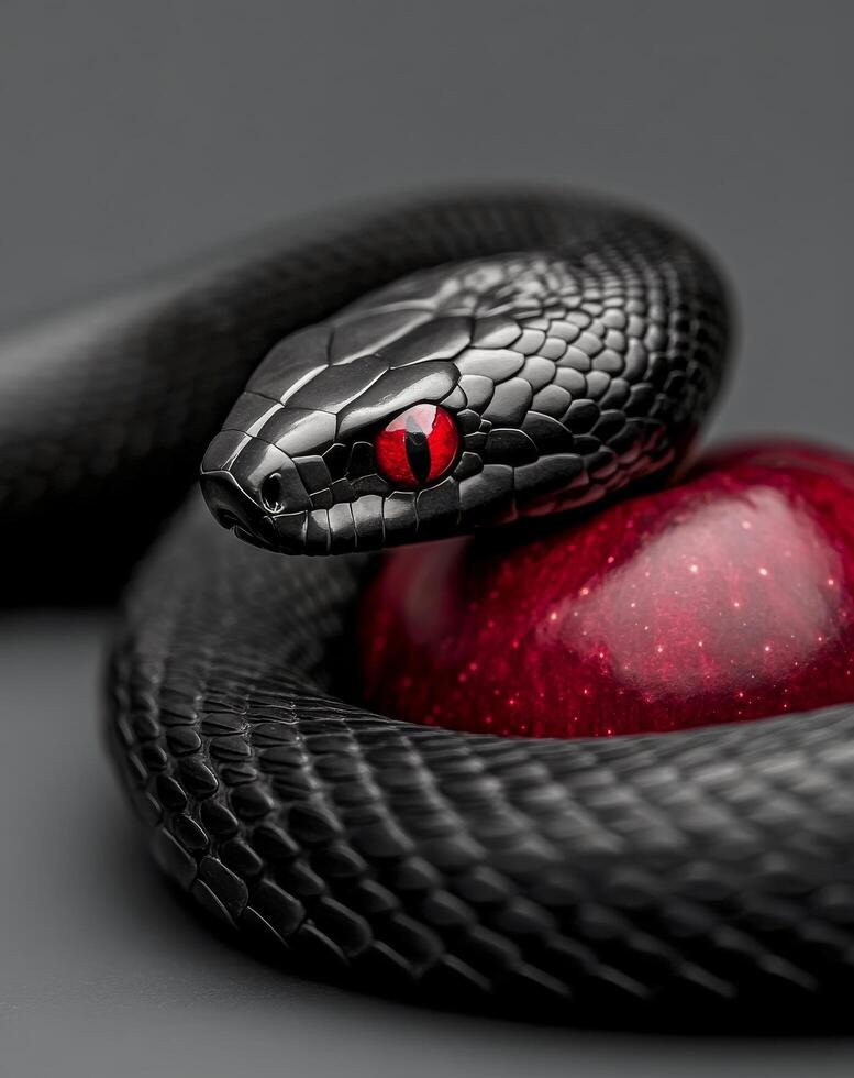 Snake coiling around a red ball in a close up view with vibrant colors and textures photo