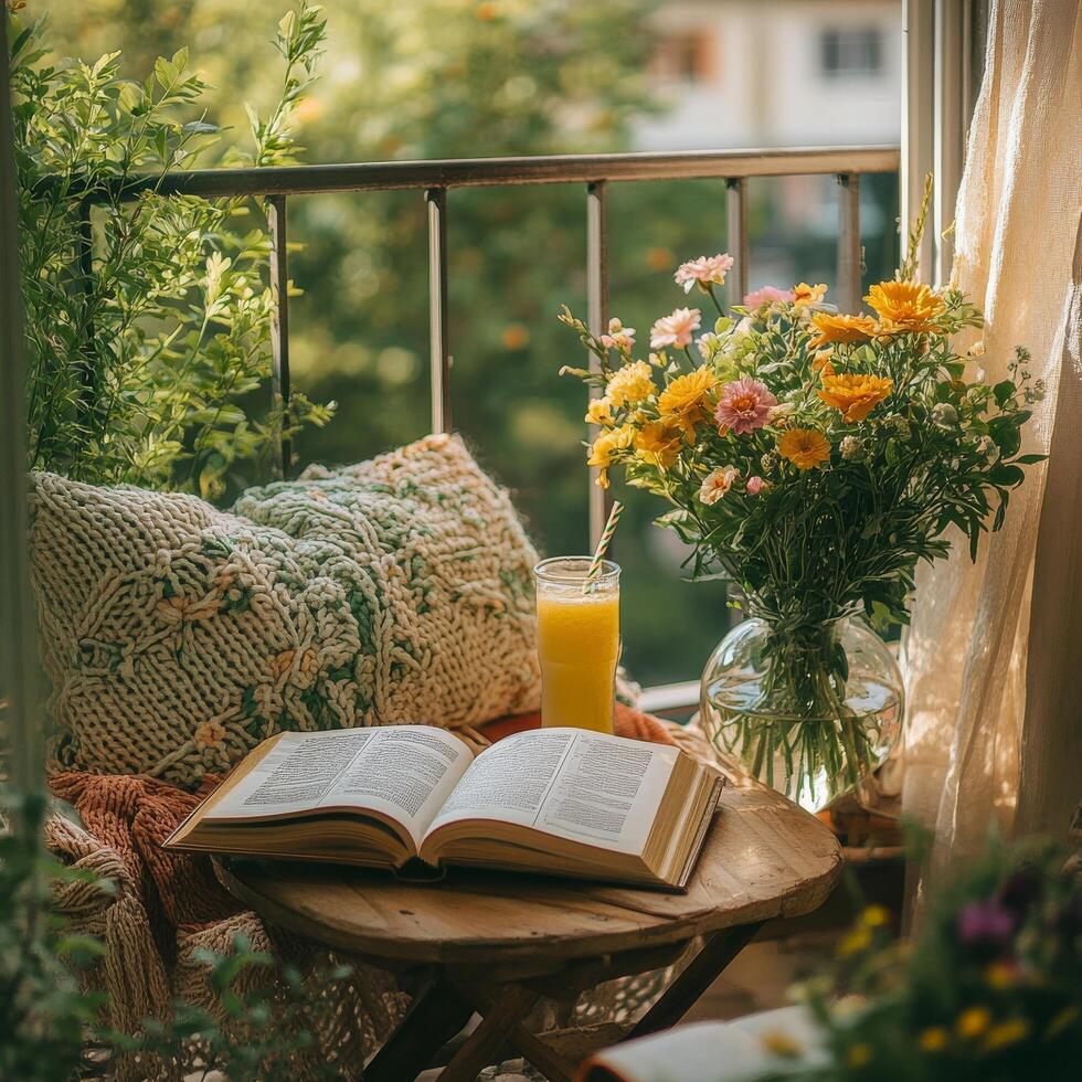 Cozy balcony corner with a book, flowers, and refreshing drink during a sunny afternoon photo