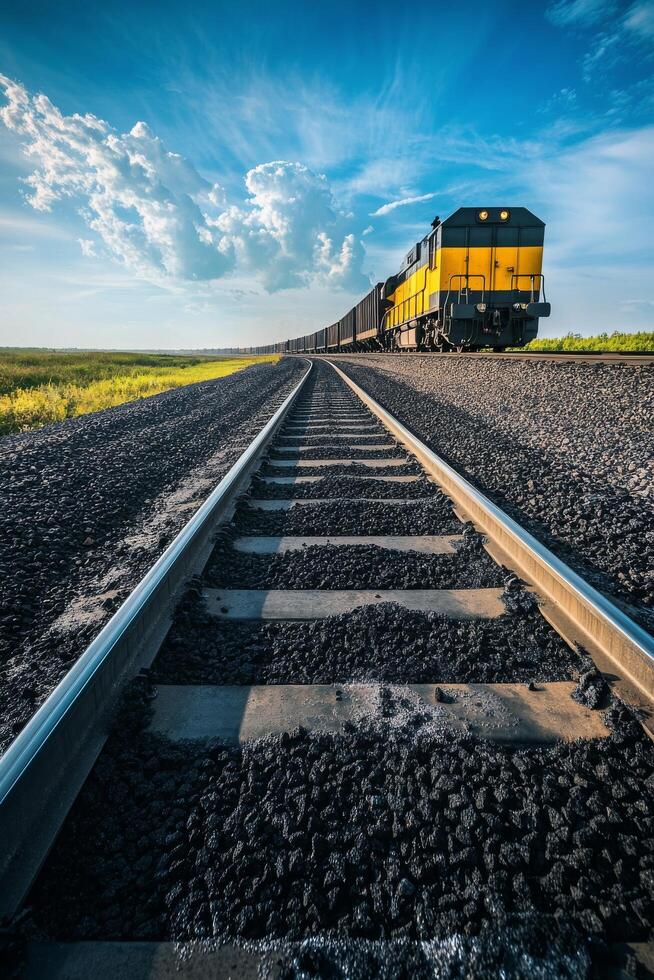Train travels along railway tracks under a vibrant sky in rural area photo