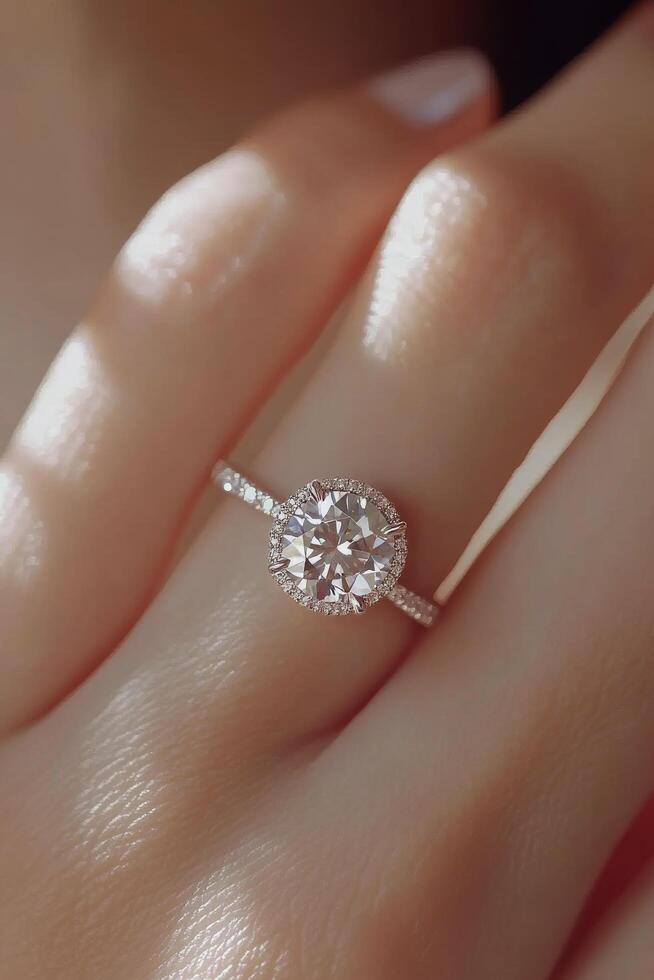 Elegant diamond ring adorning a hand with soft background bokeh effect photo