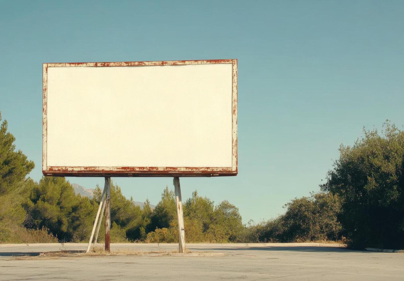 Blank billboard stands by winding road surrounded by lush greenery in bright daylight photo