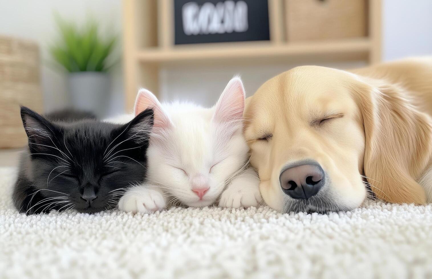 Pets sleeping peacefully on a soft rug in a cozy living room setting during the day photo
