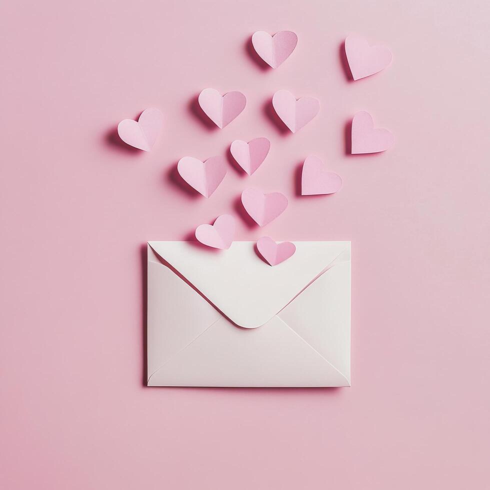 Hearts flying out of an envelope on a pink background in a creative celebration of love photo