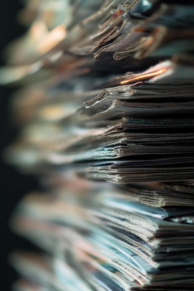Close up view of stacked white paper sheets in an office workspace during daylight hours photo