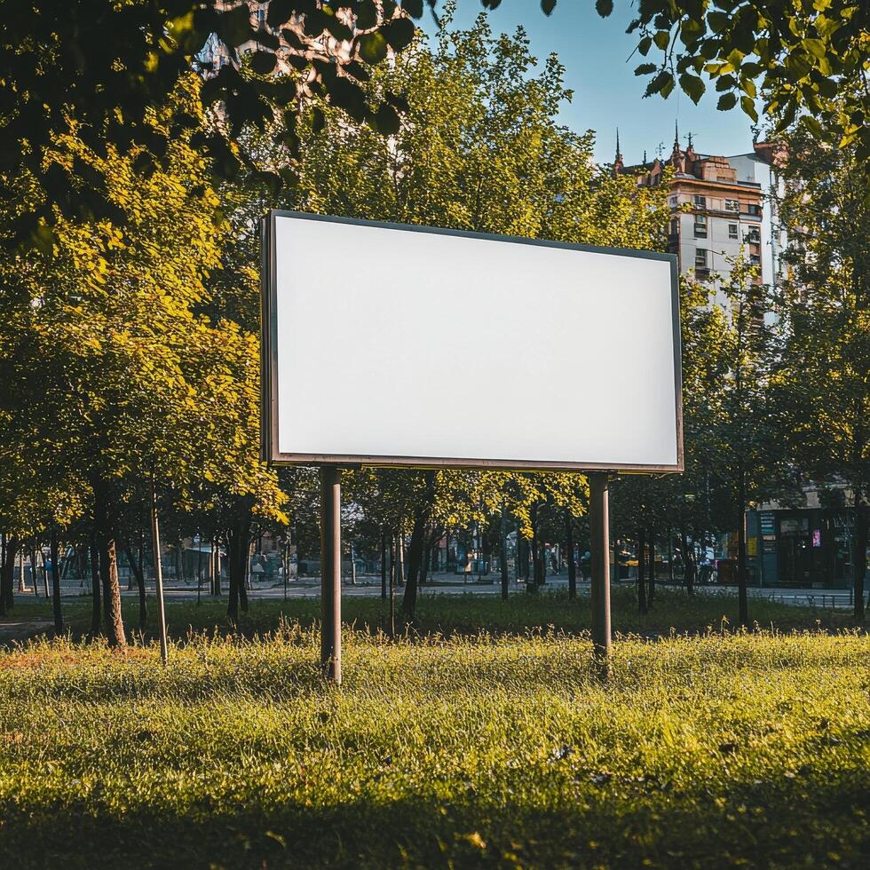 Blank advertising billboard surrounded by trees in a city park during daytime photo