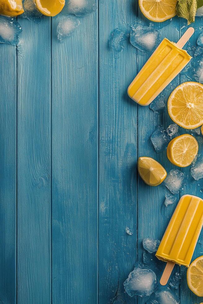 Colorful yellow popsicles arranged on a bright blue background create a cheerful summer vibe photo