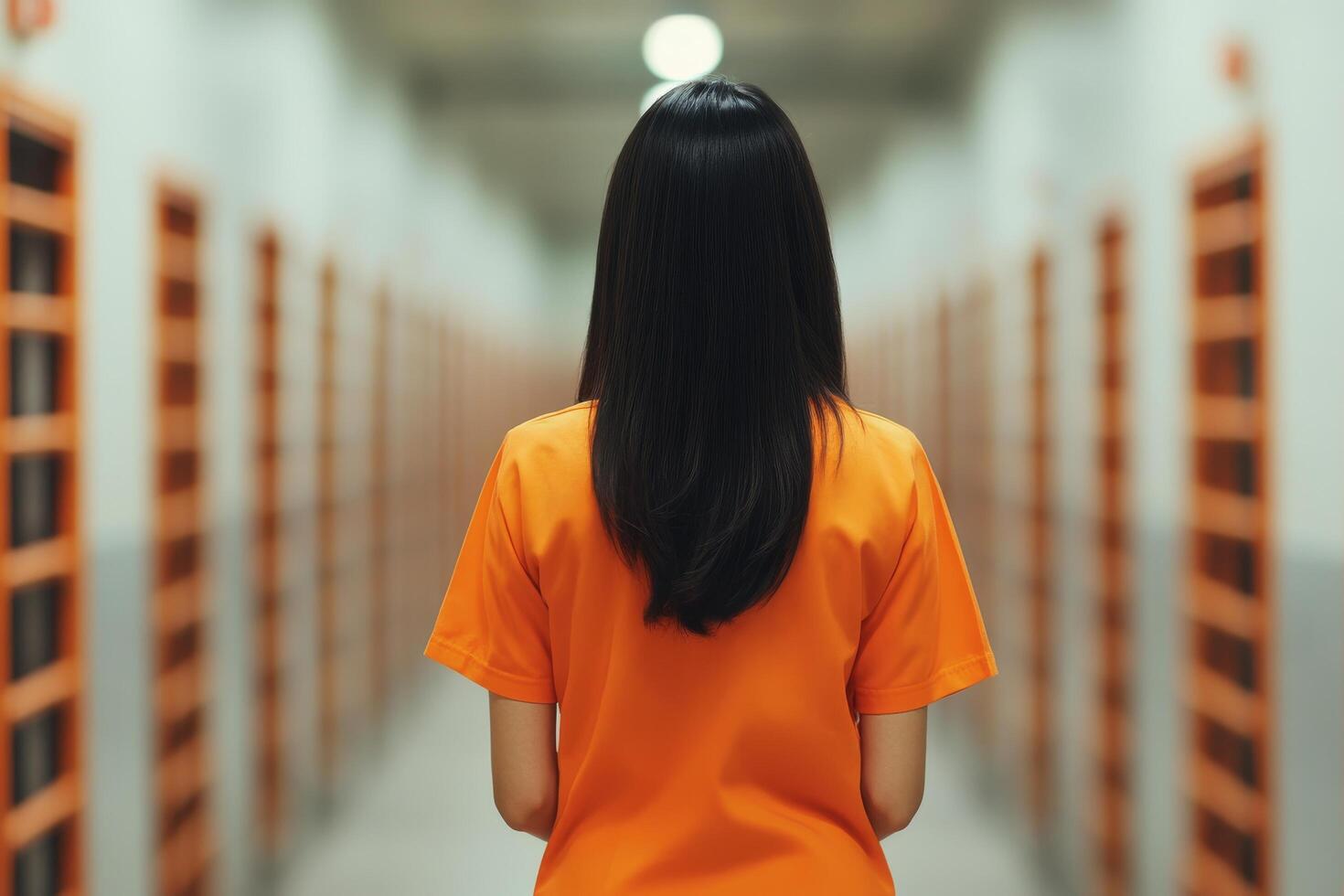 Woman in orange uniform standing in a prison corridor during daylight hours photo