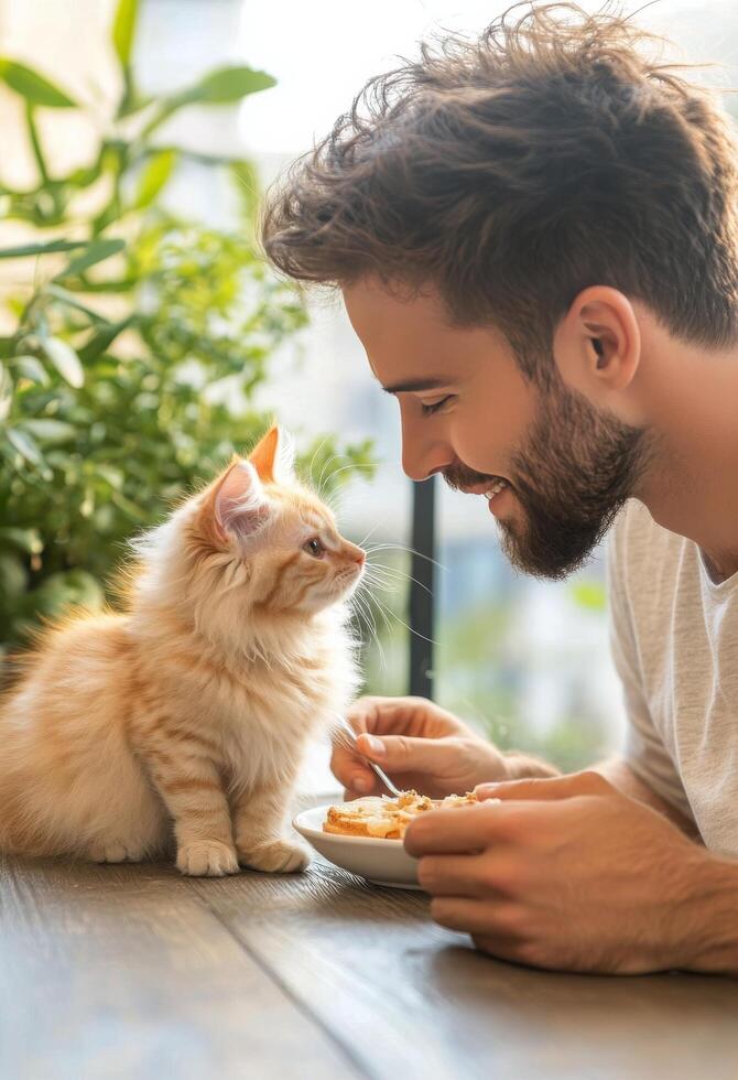Man preparing fresh salad outdoors with a cat nearby in a garden setting photo