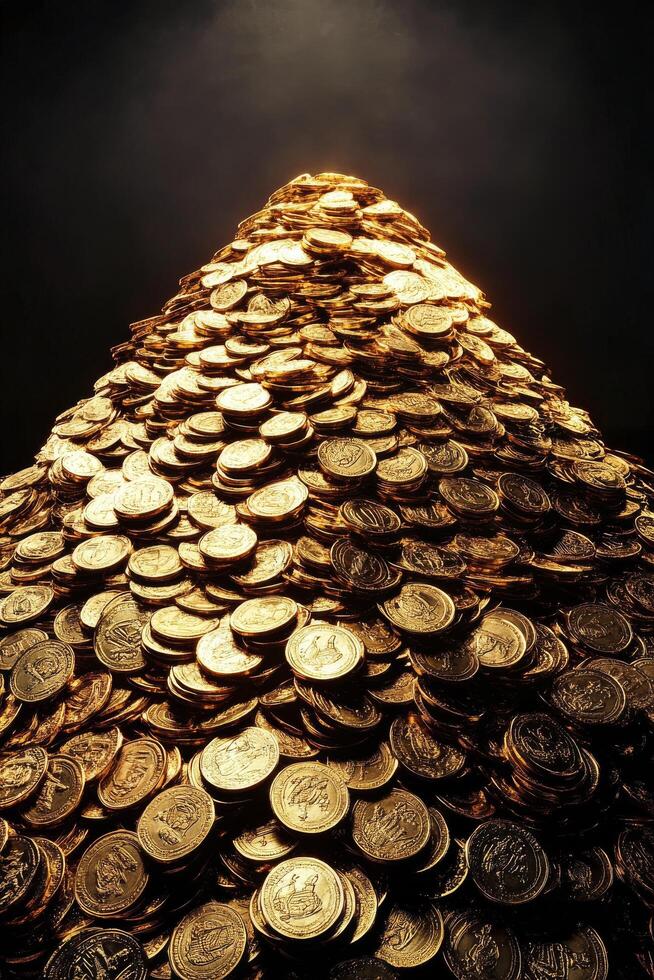 Shimmering gold coins create a dazzling pyramid under radiant light photo