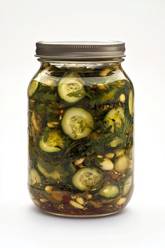 Homemade pickles preserved in a glass jar with herbs and spices photo