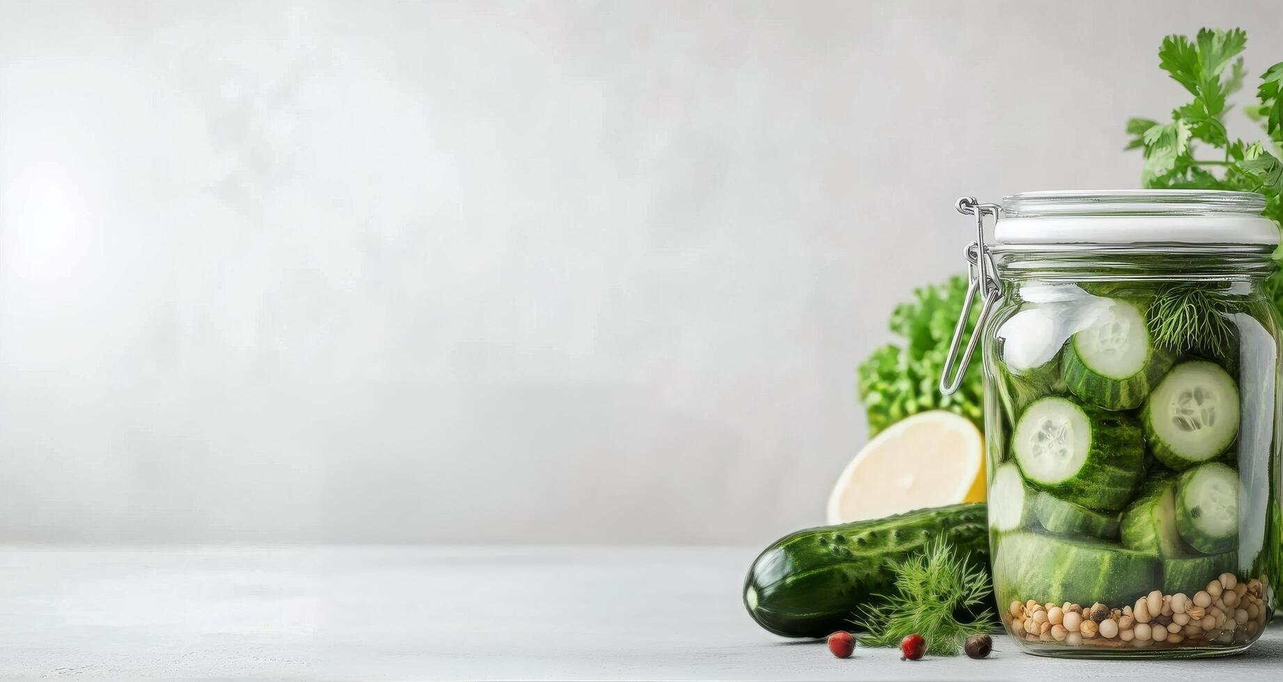 Freshly prepared cucumber pickles in jars with herbs on a clean kitchen counter photo