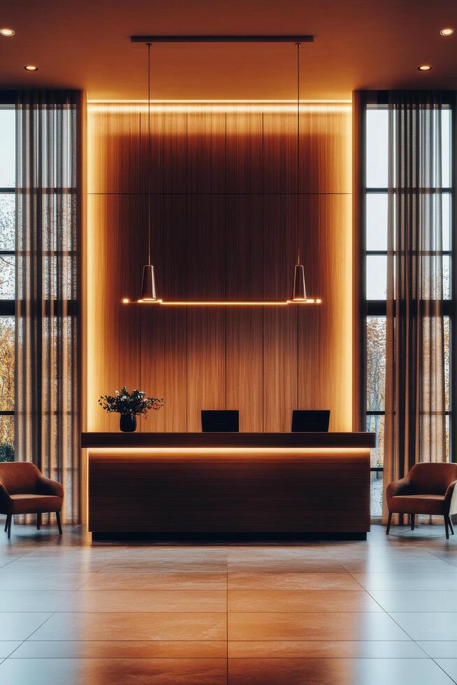 Modern reception area with clean lines and warm lighting in a stylish interior design setting photo