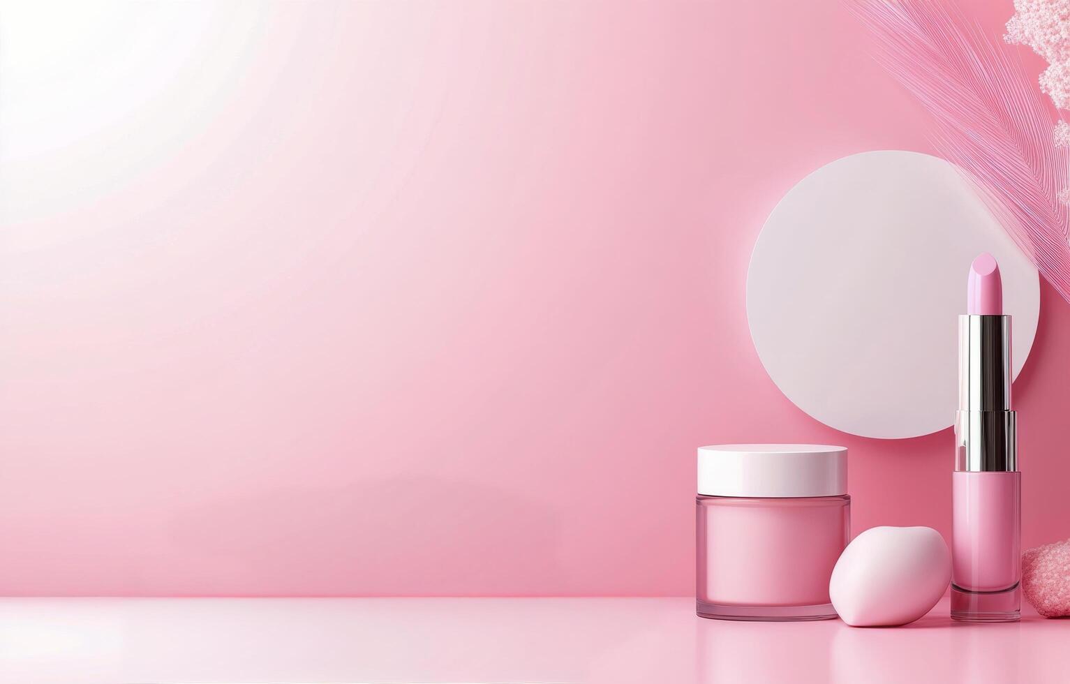 Soft pastel colors with circular coasters and delicate flowers on a pink background photo