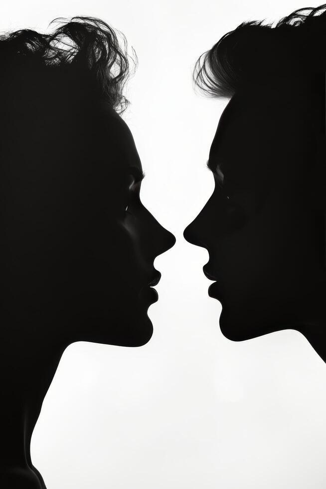 Silhouettes of two individuals facing each other against a light background photo