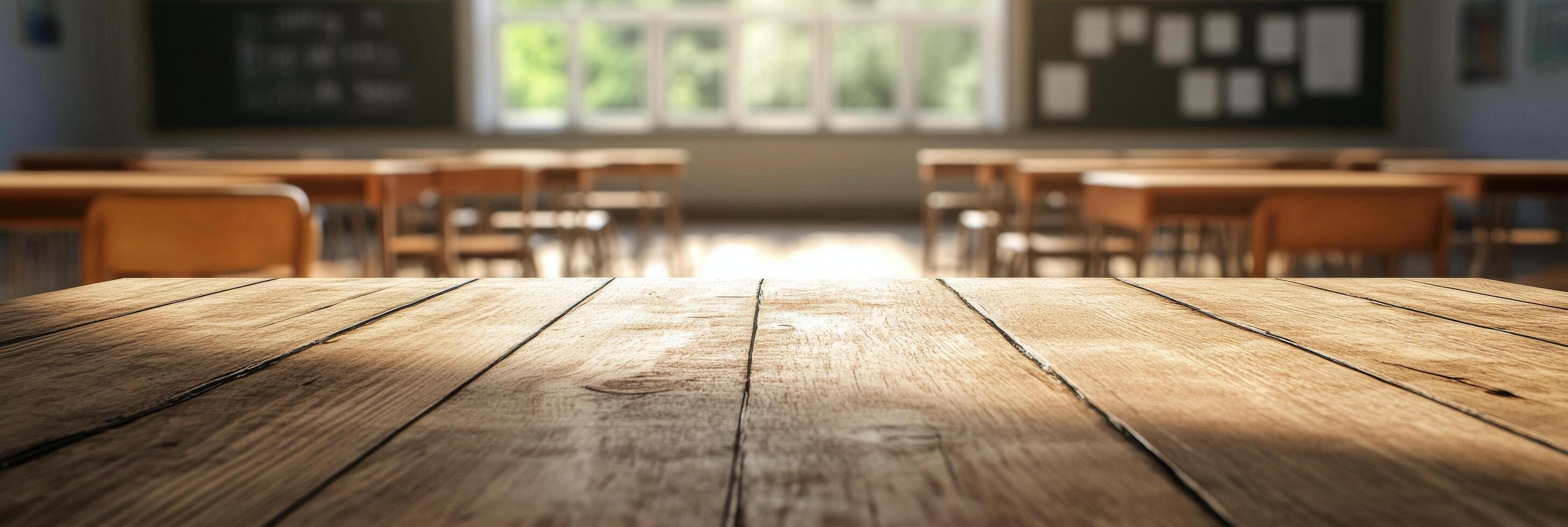 Classroom interior with wooden desks and sunlight streaming through windows in the morning photo