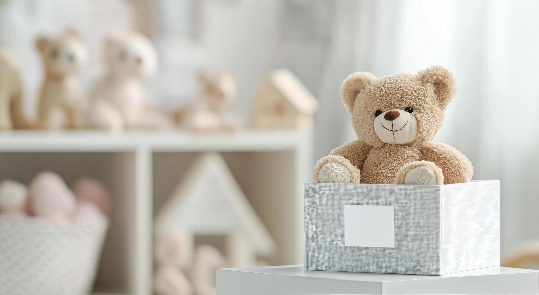 Soft bear in a white box against a playful and tidy childrens room backdrop photo