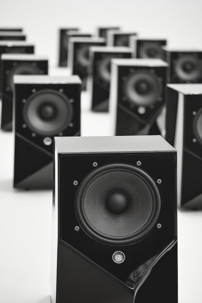 Collection of black speakers arranged in a geometric pattern on a neutral background photo