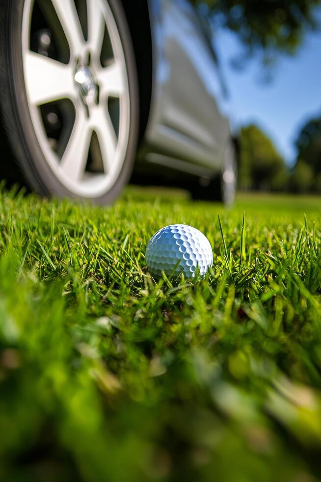 Golf ball resting on grass near vehicle tire in sunny outdoor setting photo